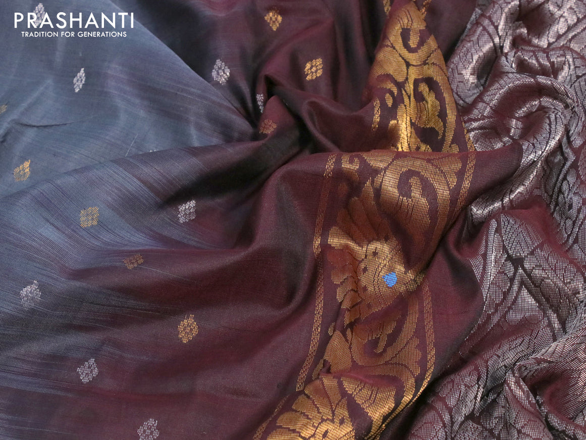 Pure uppada silk saree elephant grey and coffee brown with allover silver & gold zari woven buttas and zari woven border
