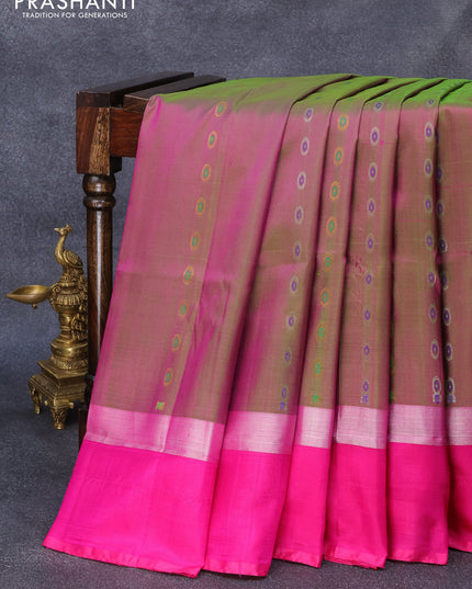 Pure uppada silk saree dual shade of greenish pink and pink with thread & silver zari woven buttas and silver zari woven simple border