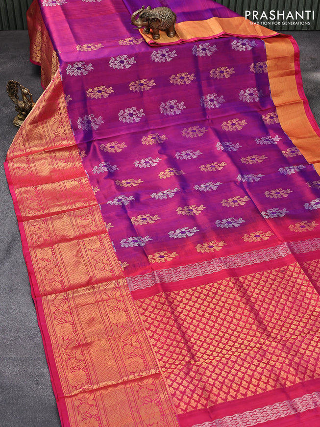 Pure uppada silk saree dual shade of purple and pink with silver & gold zari woven buttas and long zari woven border