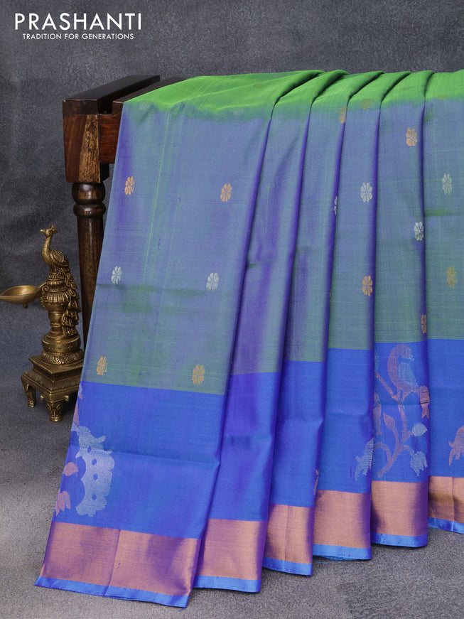 Pure uppada silk saree dual shade of bluish green and cs blue with silver & gold zari woven buttas and zari woven border