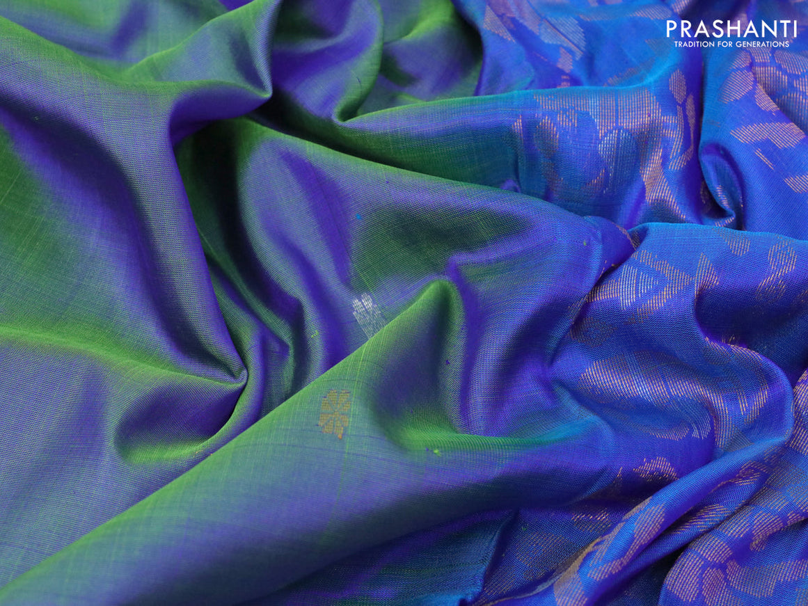 Pure uppada silk saree dual shade of bluish green and cs blue with silver & gold zari woven buttas and zari woven border
