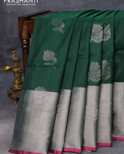 Pure uppada silk saree green and pink with silver zari woven buttas and long zari woven border