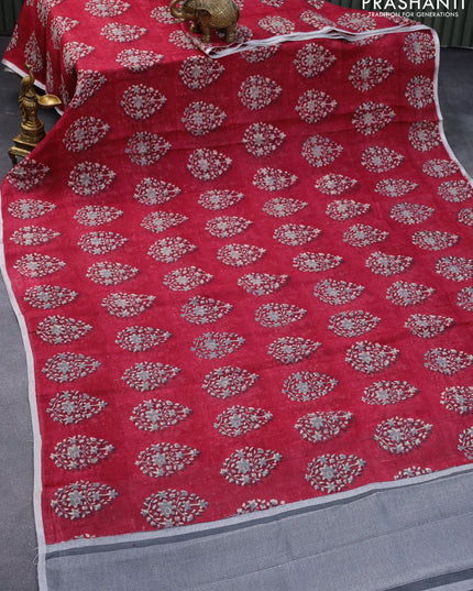 Pure linen saree maroon shade with butta prints and silver zari woven piping border