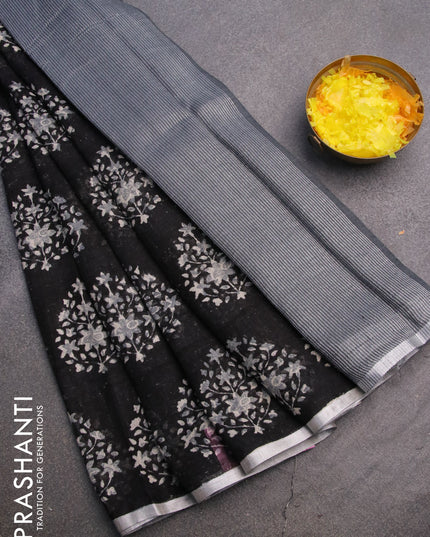 Pure linen saree black with butta prints and silver zari woven piping border