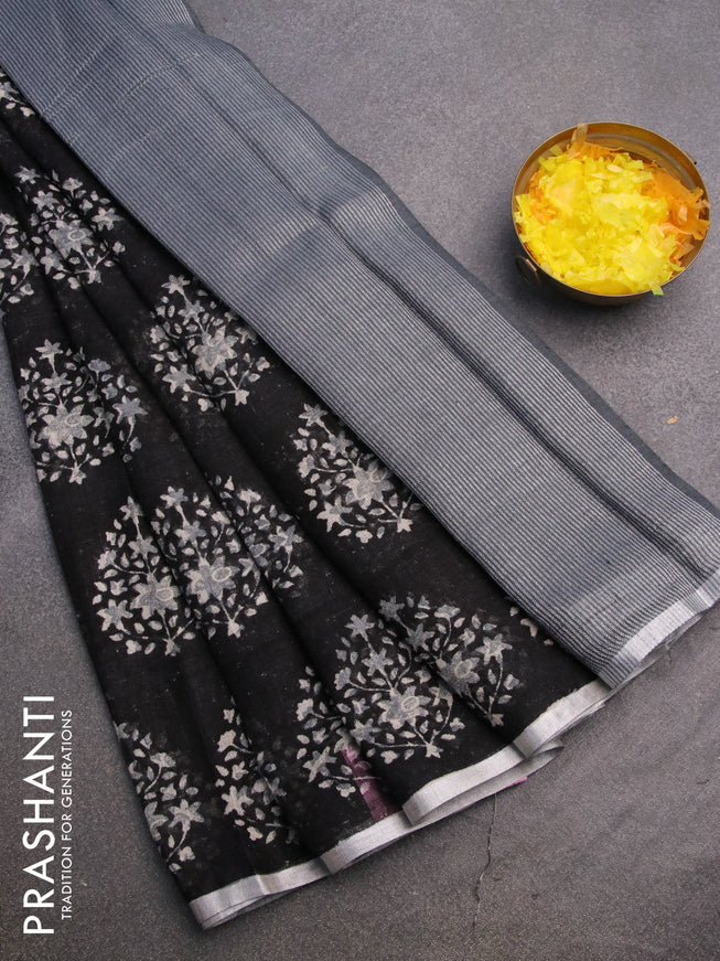 Pure linen saree black with butta prints and silver zari woven piping border