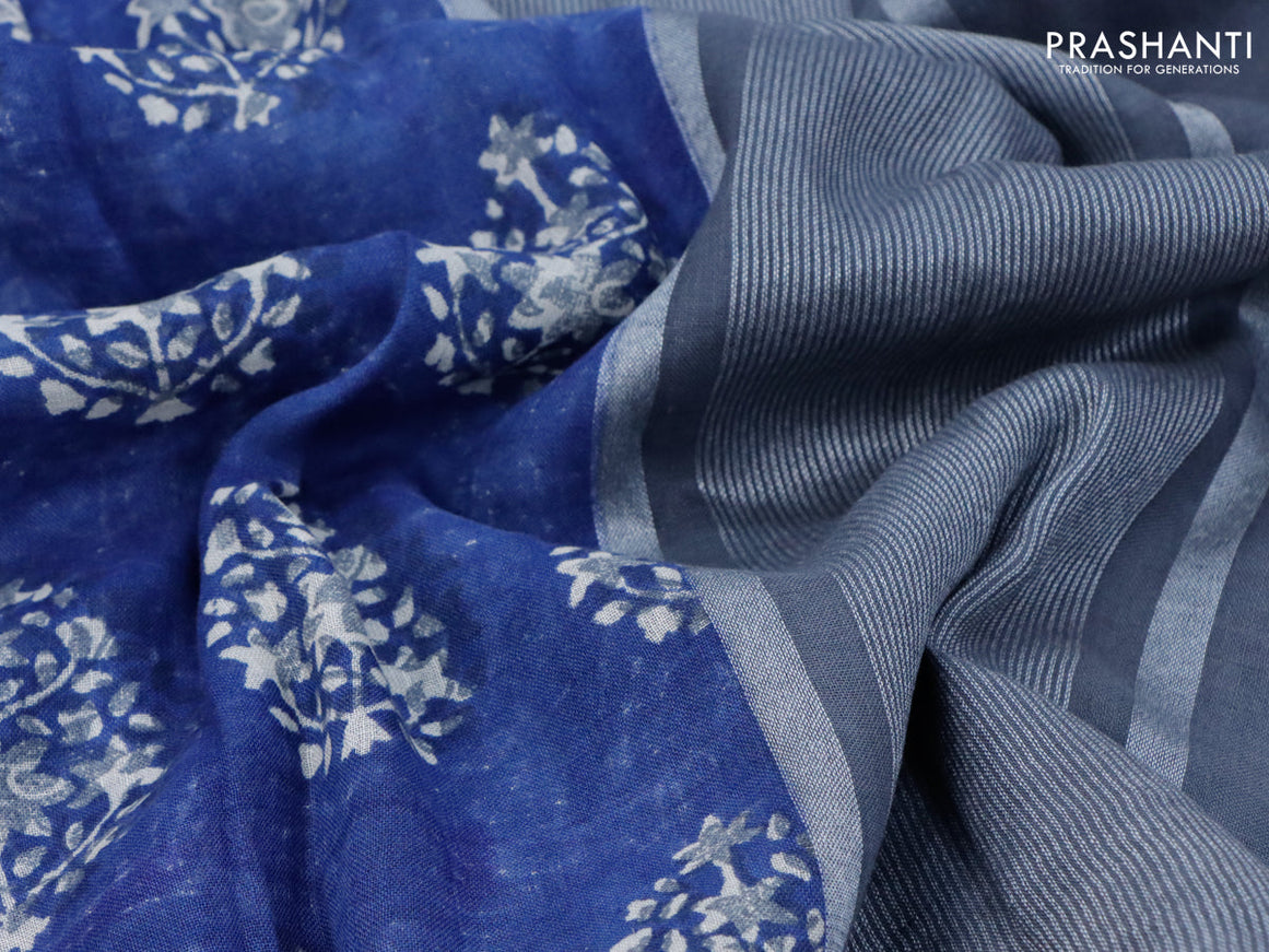 Pure linen saree blue with butta prints and silver zari woven piping border