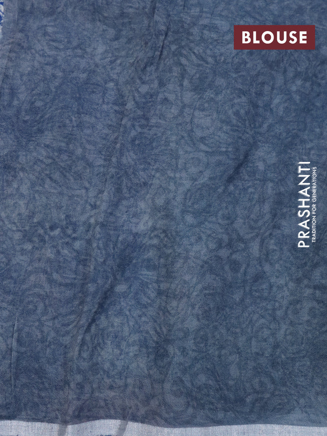 Pure linen saree blue with butta prints and silver zari woven piping border