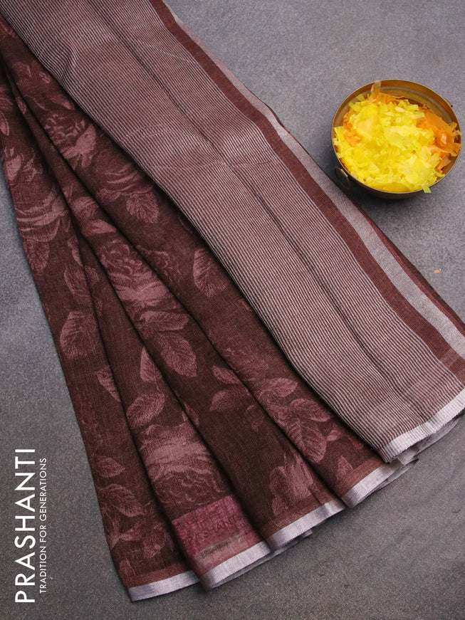 Pure linen saree brown with allover prints and silver zari woven piping border