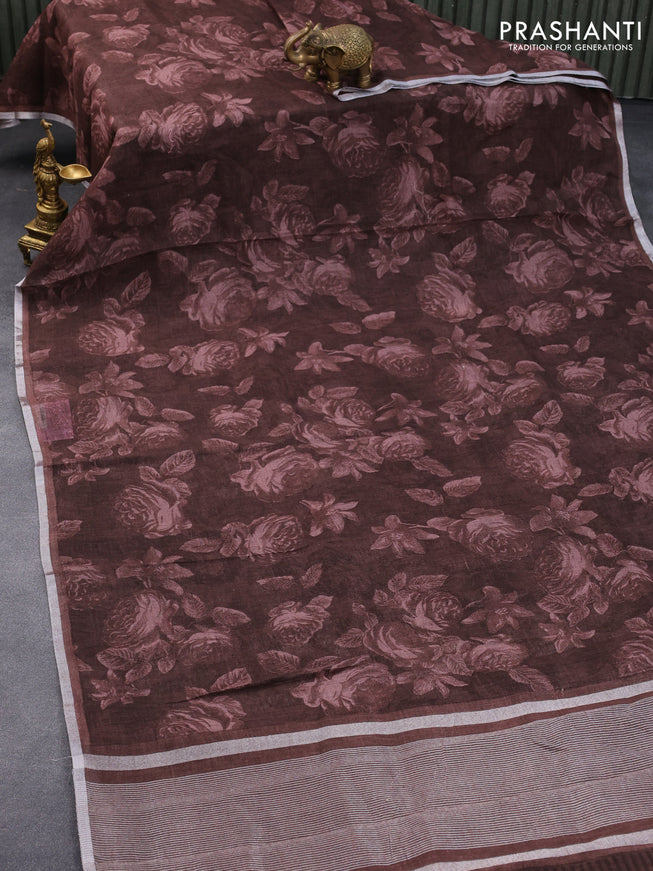 Pure linen saree brown with allover prints and silver zari woven piping border