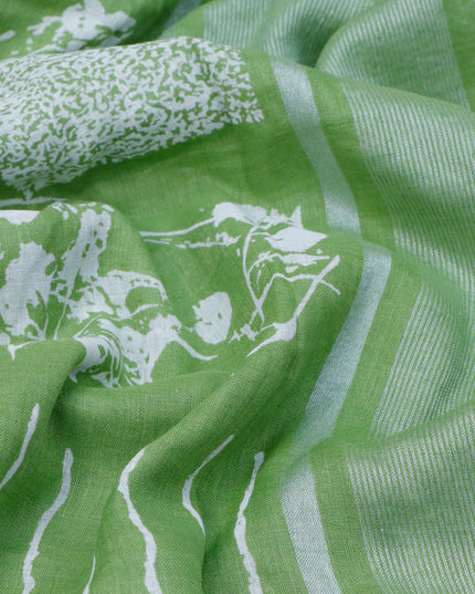 Pure linen saree light green with allover stripes pattern and silver zari woven piping border