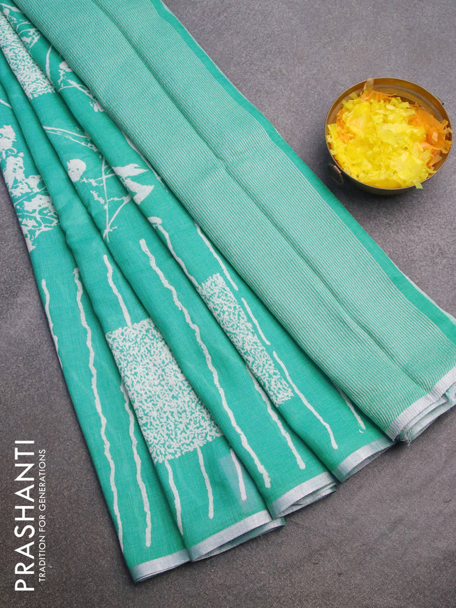 Pure linen saree teal blue with allover stripes pattern and silver zari woven piping border