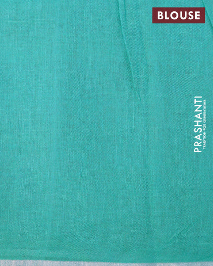 Pure linen saree teal blue with allover stripes pattern and silver zari woven piping border