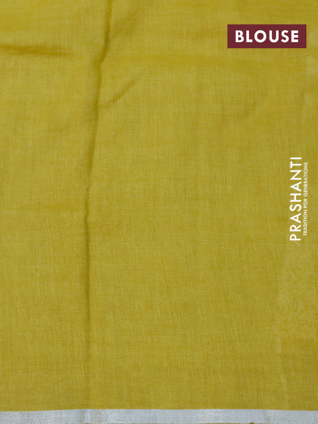 Pure linen saree lime yellow with allover stripes pattern and silver zari woven piping border