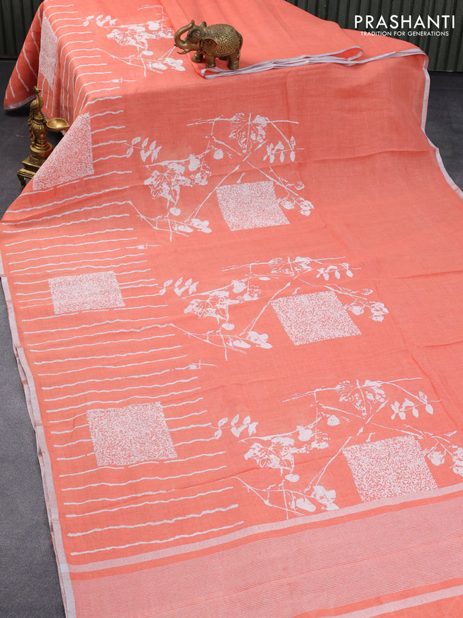 Pure linen saree orange with allover stripes pattern and silver zari woven piping border