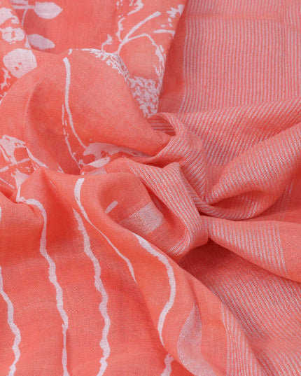 Pure linen saree orange with allover stripes pattern and silver zari woven piping border