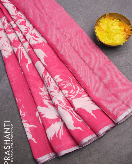Pure linen saree light pink with allover floral prints and silver zari woven piping border