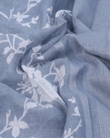 Pure linen saree grey with allover floral prints and silver zari woven piping border
