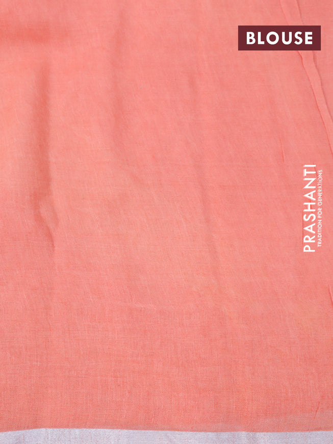 Pure linen saree peach orange with allover zig zag prints and silver zari woven piping border