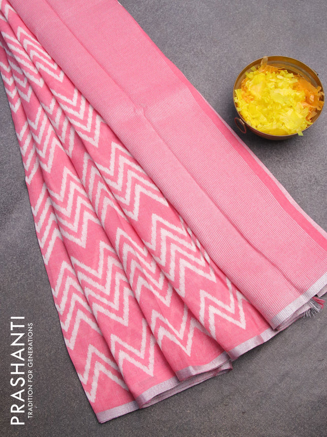 Pure linen saree light pink with allover zig zag prints and silver zari woven piping border