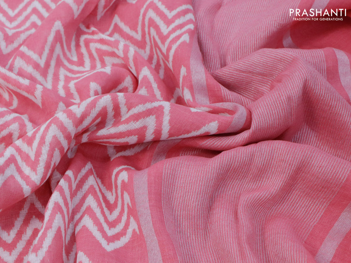 Pure linen saree light pink with allover zig zag prints and silver zari woven piping border