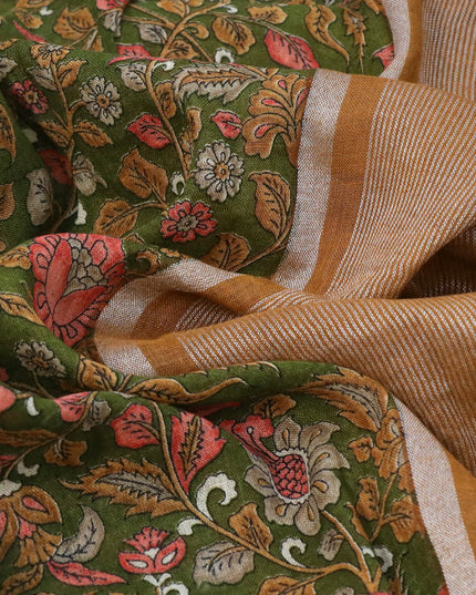 Pure linen saree sap green with allover kalamkari prints and silver zari woven piping border