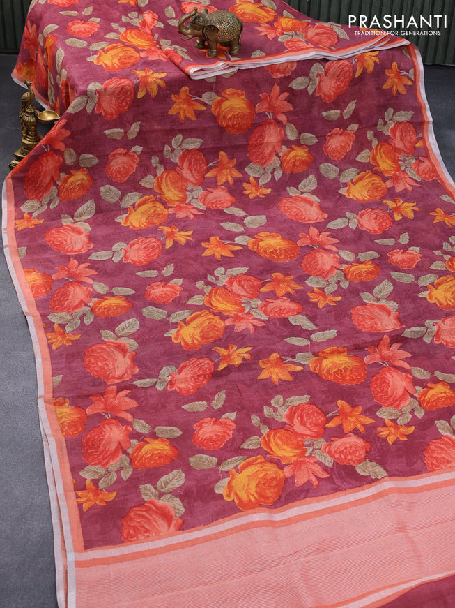 Pure linen saree maroon shade and peach orange with allover floral prints and silver zari woven piping border