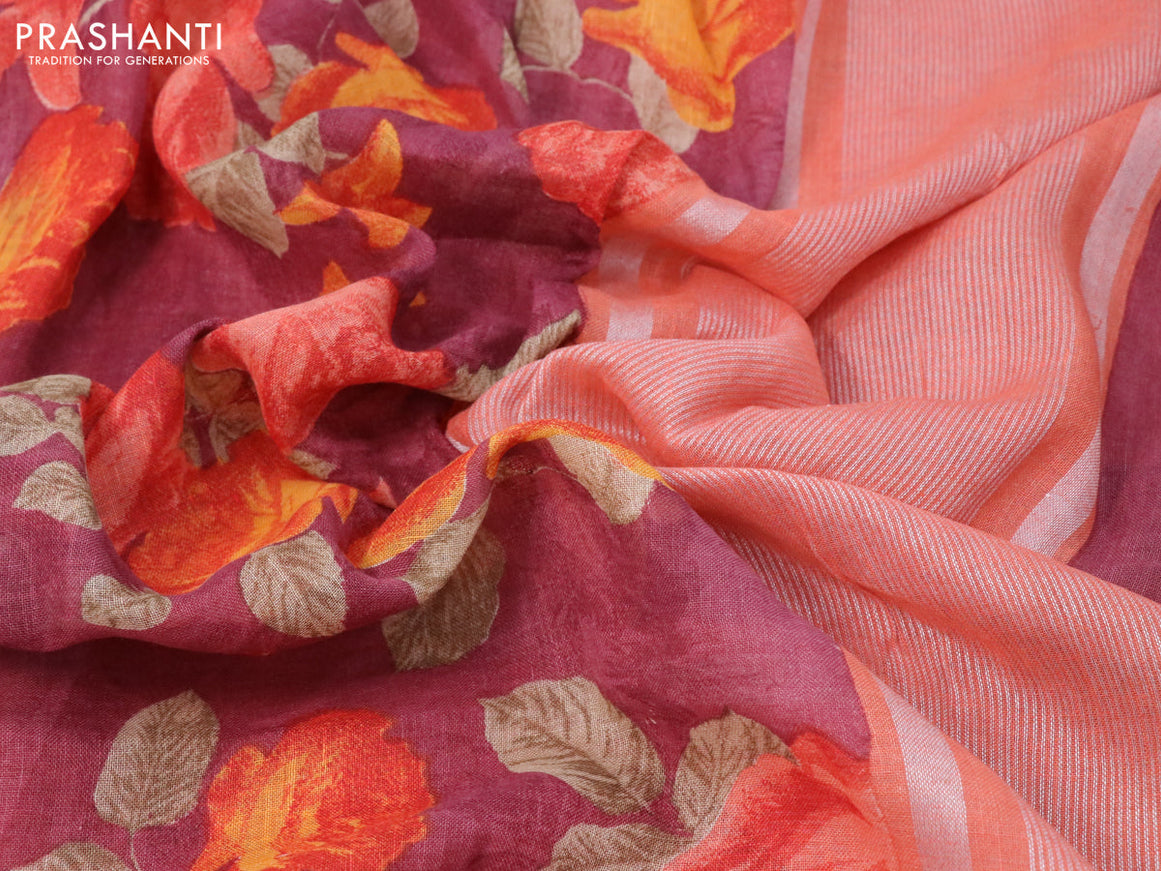 Pure linen saree maroon shade and peach orange with allover floral prints and silver zari woven piping border