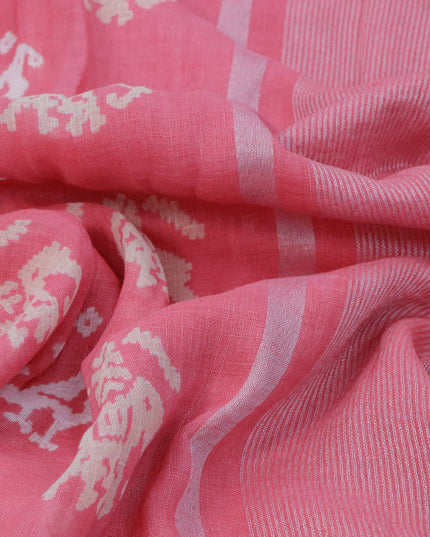 Pure linen saree light pink with patola prints and silver zari woven piping border