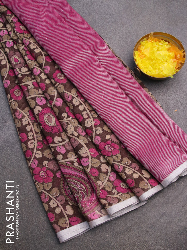 Pure linen saree dark brown with allover kalamkari prints and silver zari woven piping border