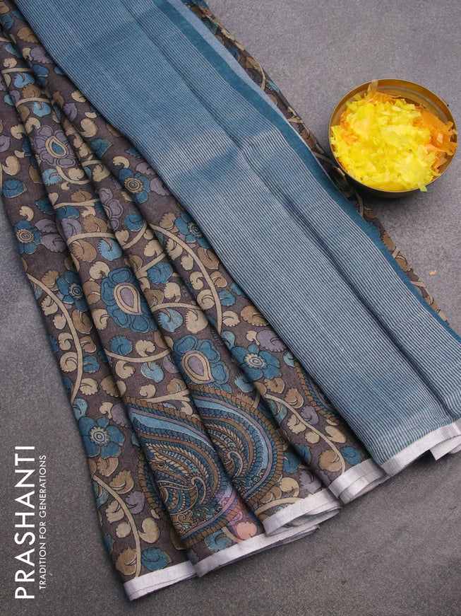 Pure linen saree grey shade with allover kalamkari prints and silver zari woven piping border