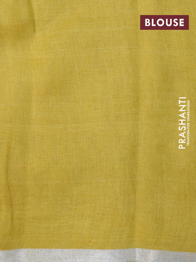 Pure linen saree lime yellow with allover prints and silver zari woven piping border