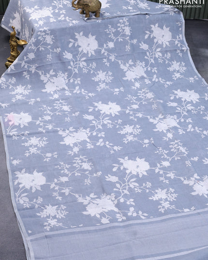 Pure linen saree pastel grey with allover floral prints and silver zari woven piping border