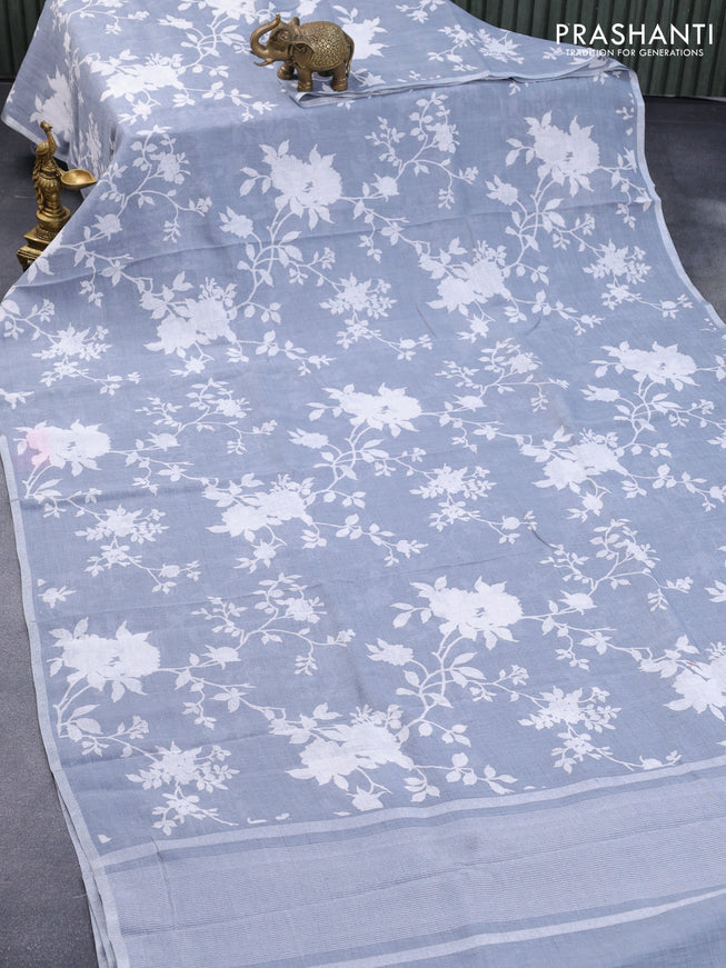 Pure linen saree pastel grey with allover floral prints and silver zari woven piping border