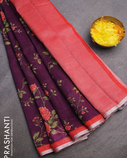 Pure linen saree deep purple and red with allover floral prints and silver zari woven piping border