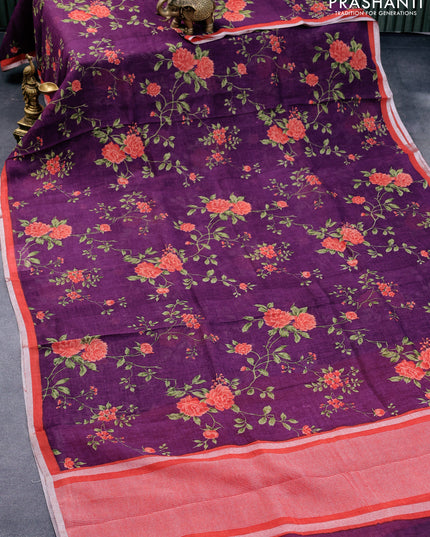 Pure linen saree deep purple and red with allover floral prints and silver zari woven piping border