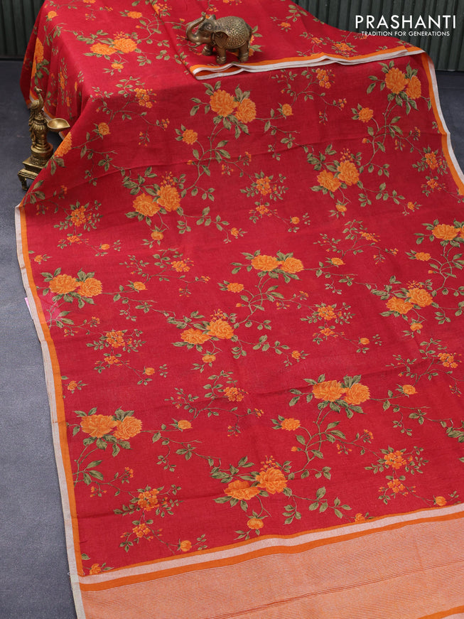 Pure linen saree red and orange with allover floral prints and silver zari woven piping border