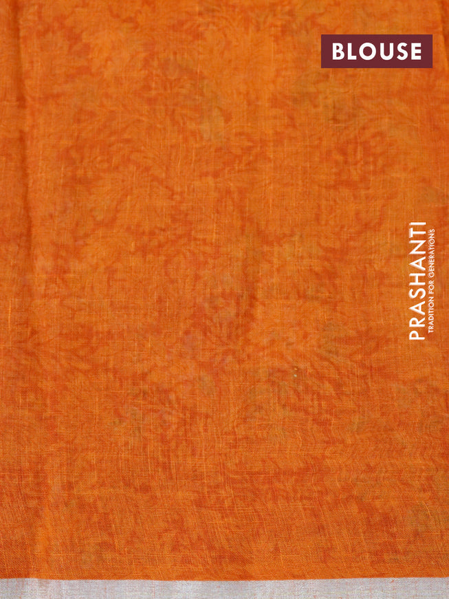 Pure linen saree red and orange with allover floral prints and silver zari woven piping border