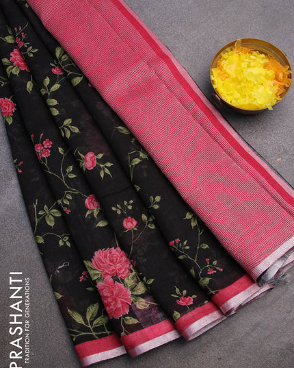 Pure linen saree black and maroon shade with allover floral prints and silver zari woven piping border