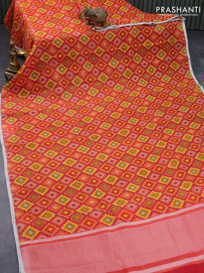Pure linen saree red and orange with allover geometric prints and silver zari woven piping border