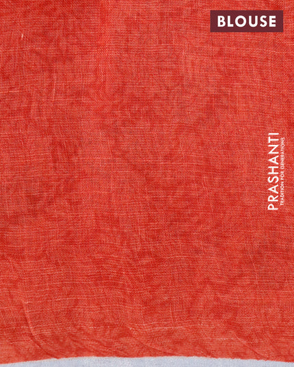 Pure linen saree red and orange with allover geometric prints and silver zari woven piping border