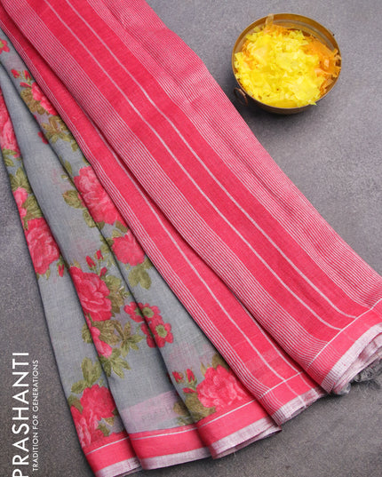 Pure linen saree grey and pink with allover floral prints and silver zari woven piping border