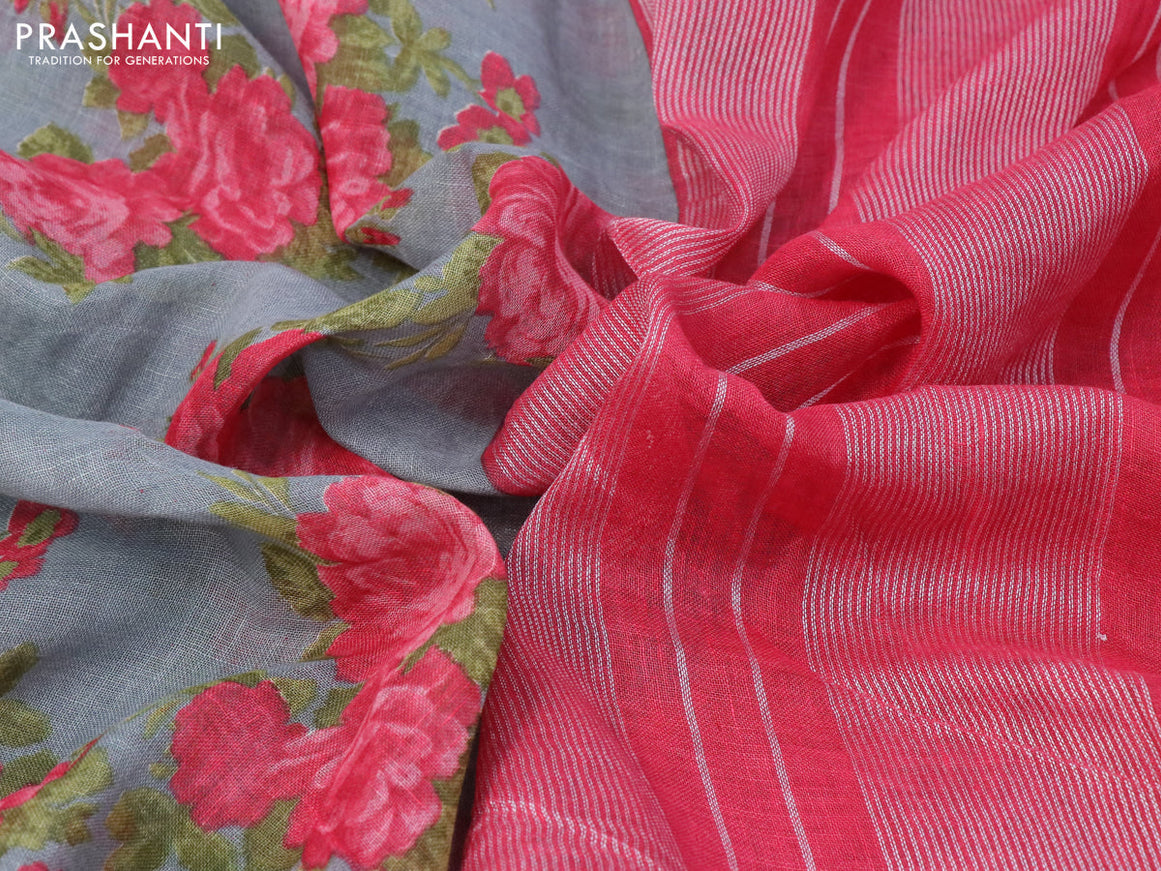 Pure linen saree grey and pink with allover floral prints and silver zari woven piping border