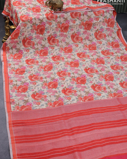 Pure linen saree cream and orange with allover floral prints and silver zari woven piping border