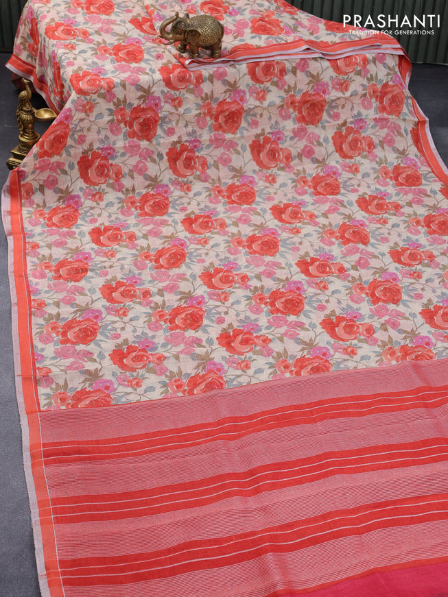 Pure linen saree cream and orange with allover floral prints and silver zari woven piping border