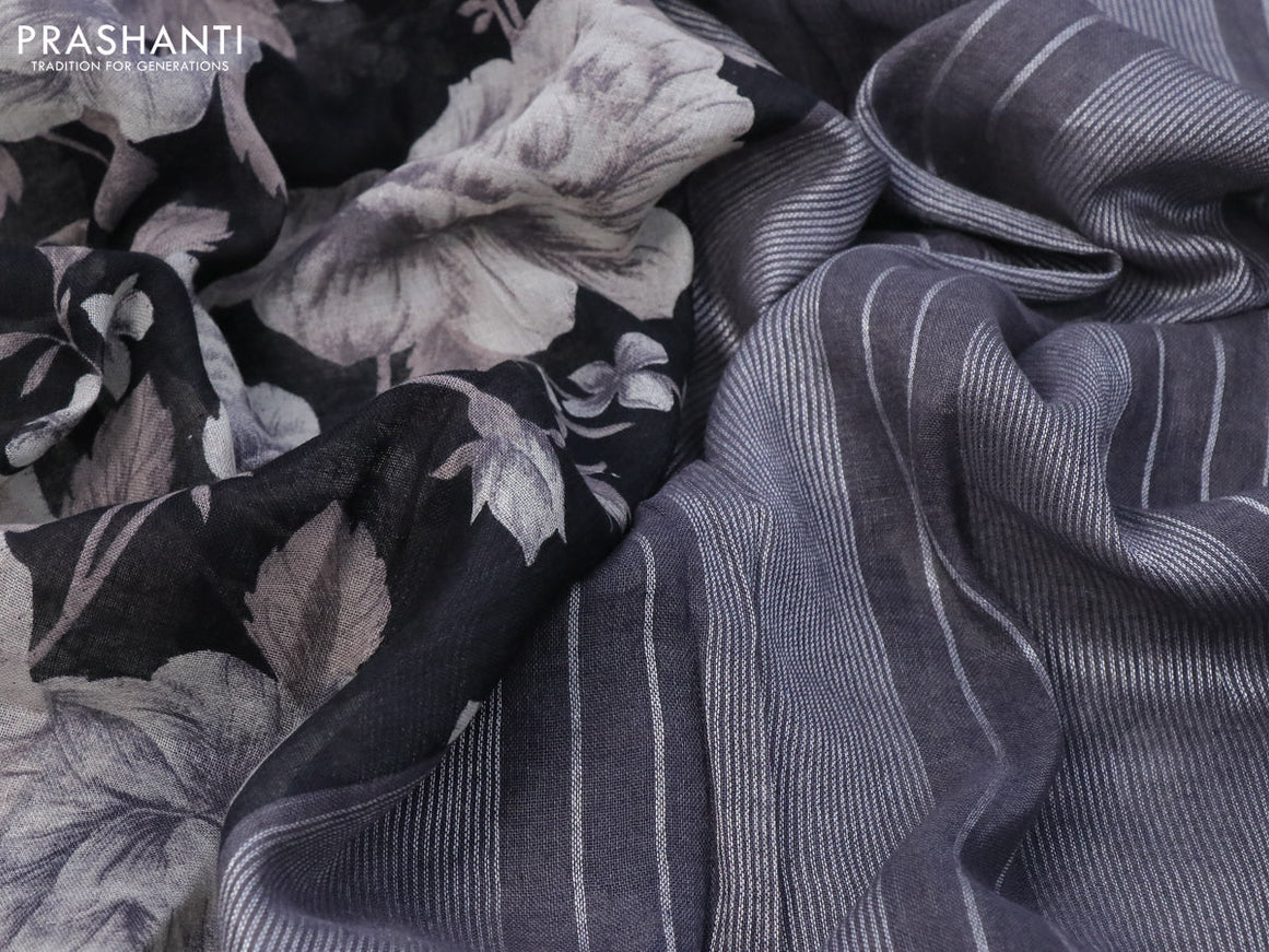 Pure linen saree black with allover floral prints and silver zari woven piping border