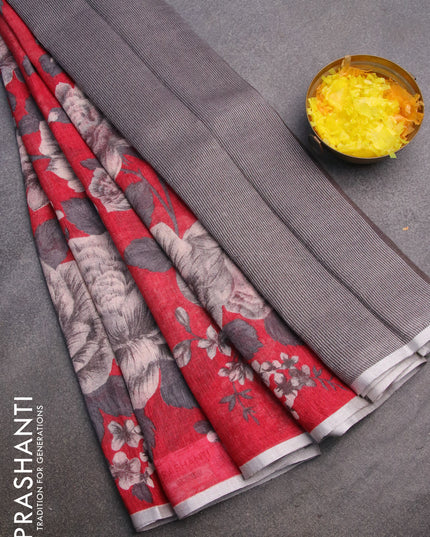 Pure linen saree red with allover floral prints and silver zari woven piping border