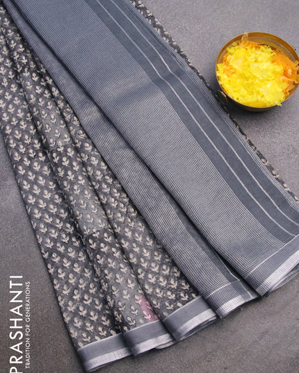 Pure linen saree grey with allover butta prints and silver zari woven piping border