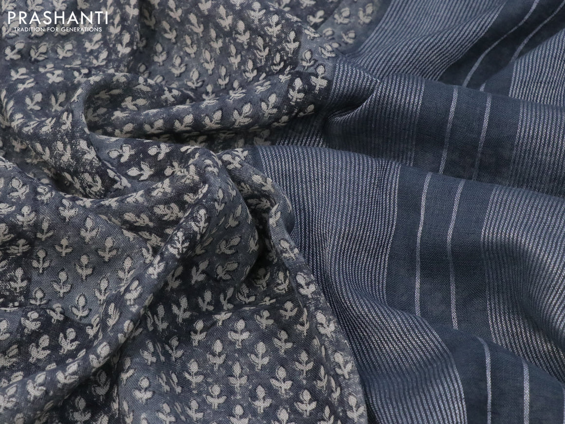 Pure linen saree grey with allover butta prints and silver zari woven piping border