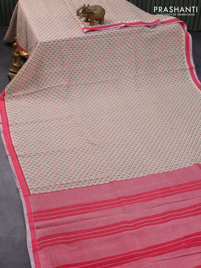 Pure linen saree cream and pink with allover butta prints and silver zari woven piping border