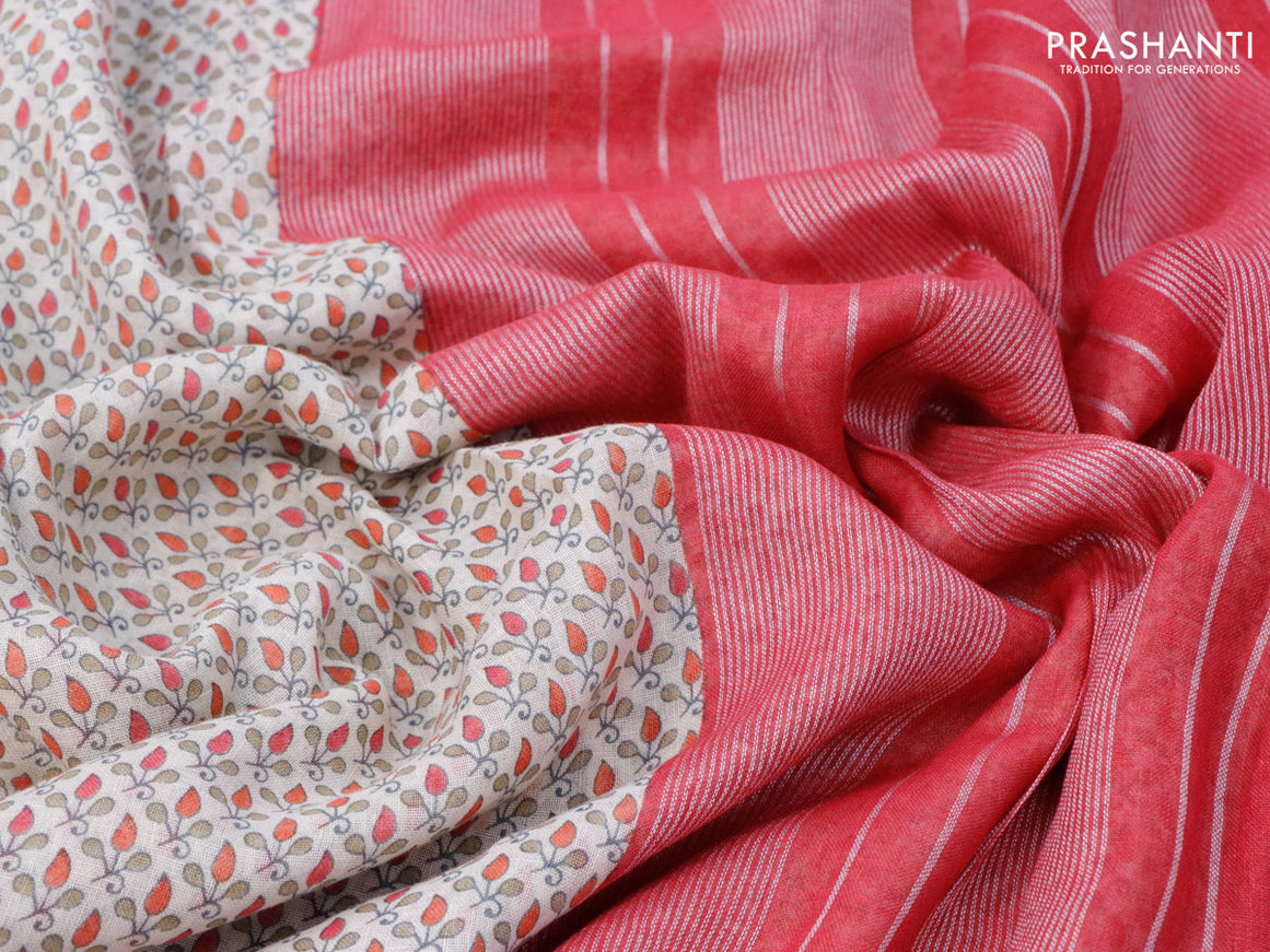 Pure linen saree cream and pink with allover butta prints and silver zari woven piping border